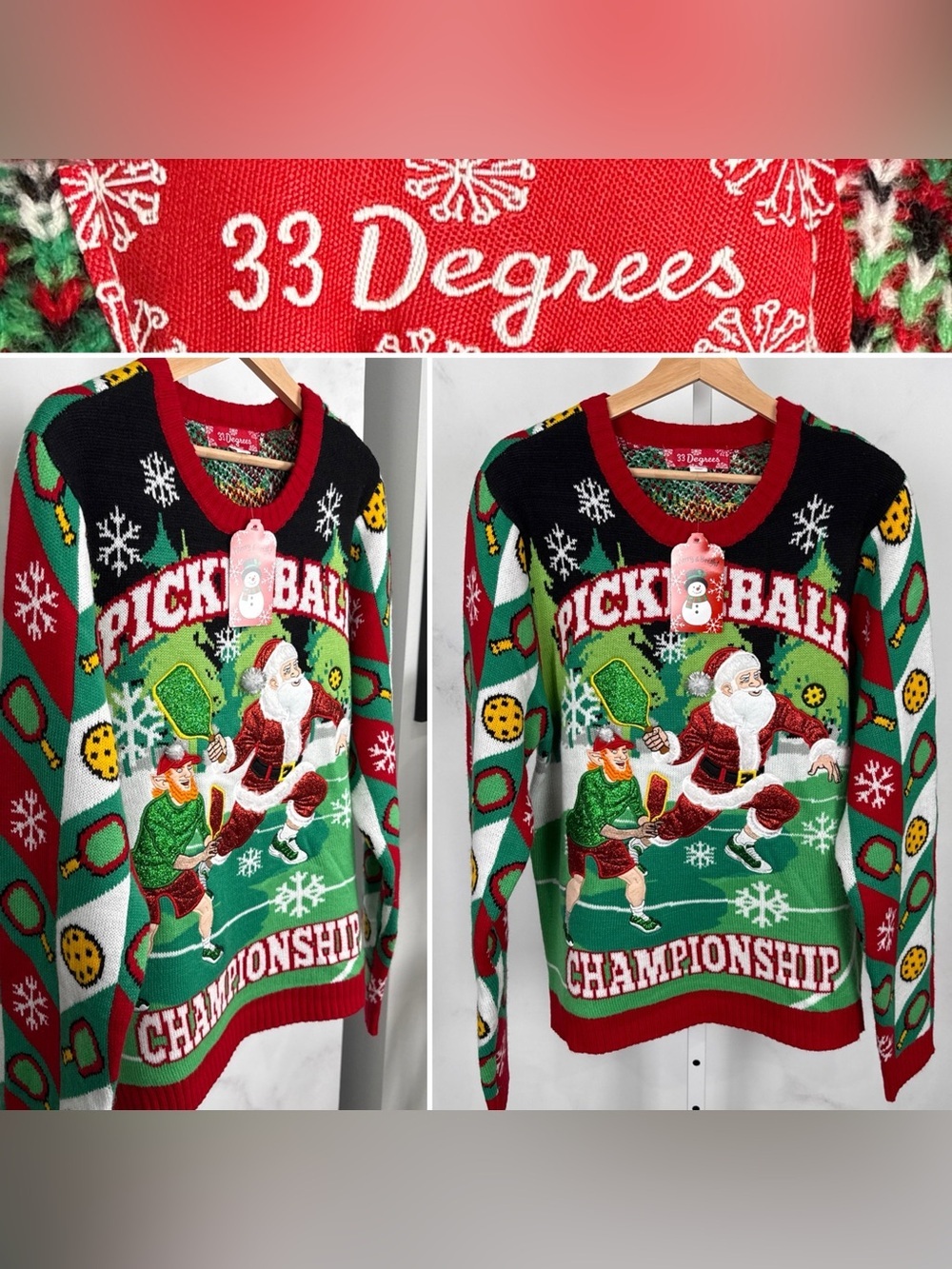 33 Degrees Menโs Christmas Pickleball Championship Party Sweater Size L NEW $48